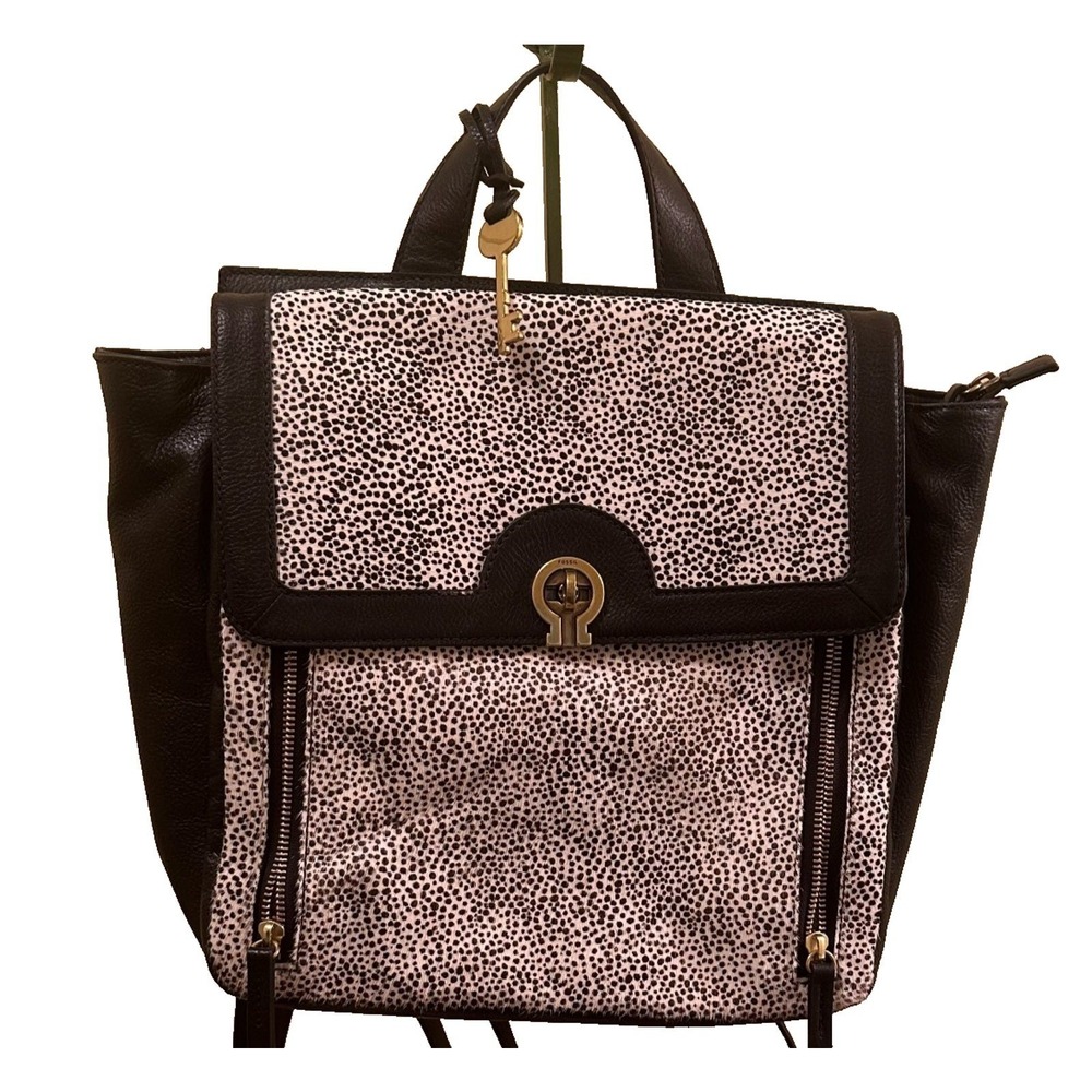 Fossil Amelia White Cheetah Black Leather Convertible Backpack Bag ZB7856504